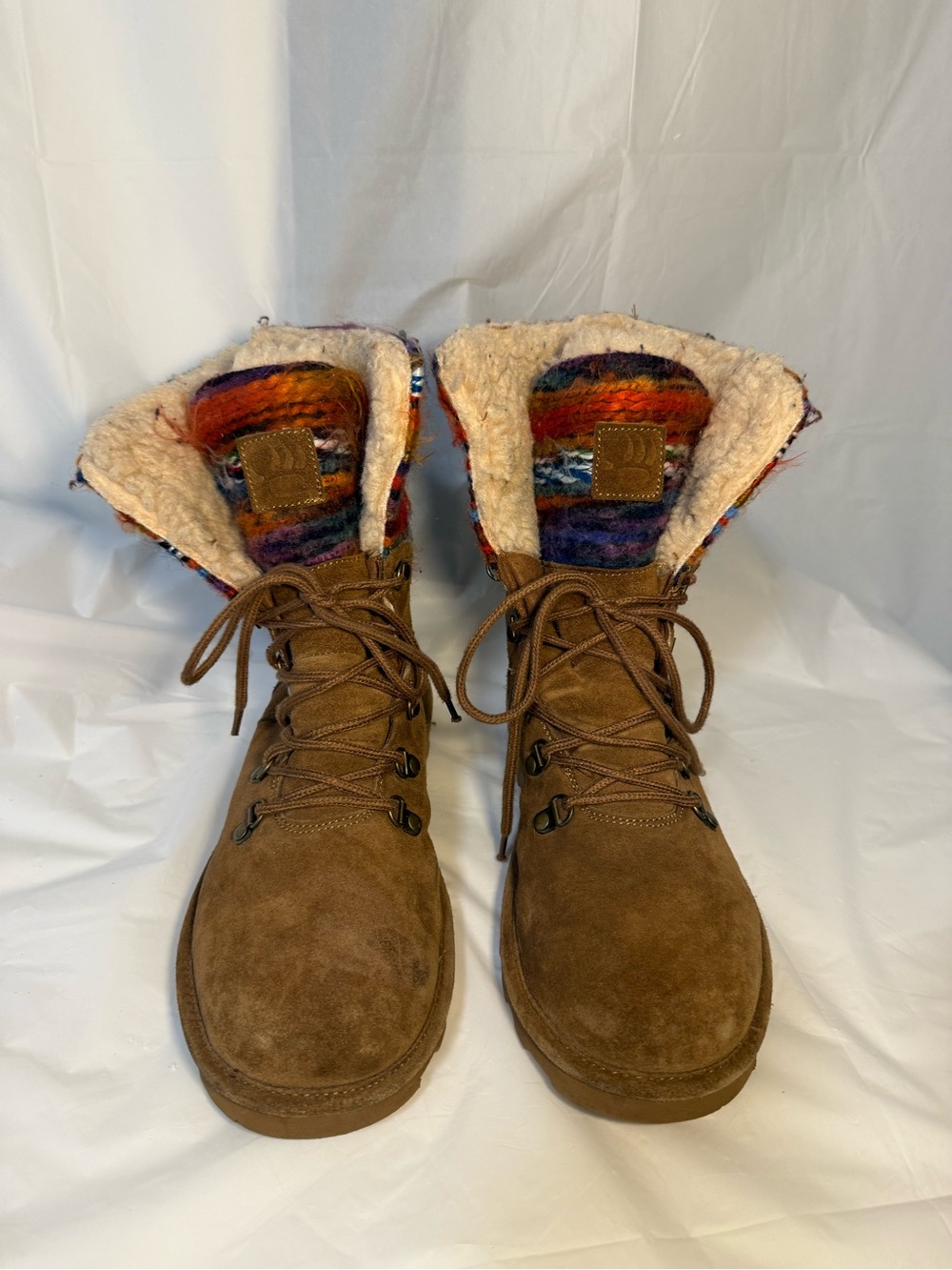 BearPaw Brown Suede Lace-Up Boots with Colorful Knit Cuff
